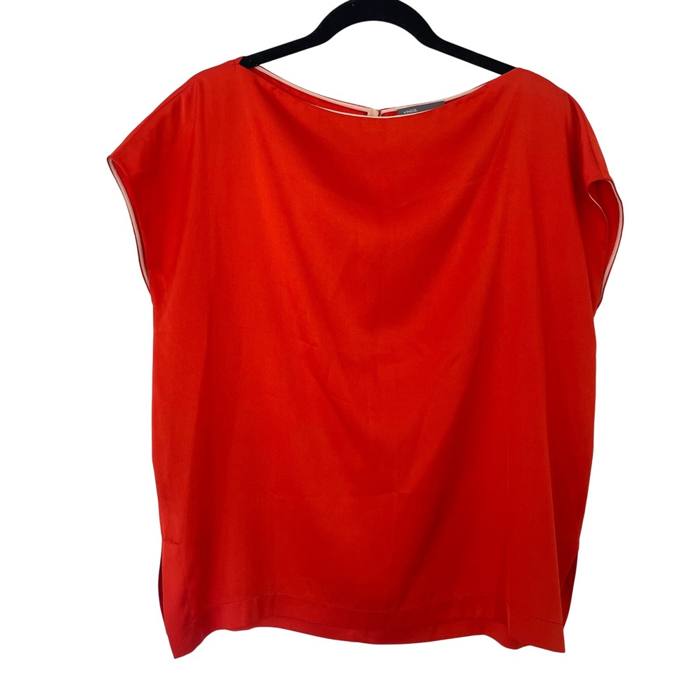 Vince Silk Blend Short Sleeve Boat Neck Top Orange Red Size XS Minimalist Blouse